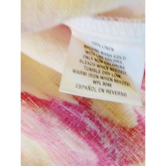 J M Collection 16 100% Linen Top Blouse Shirt White Pink Yellow Floral Button - Picture 6 of 7